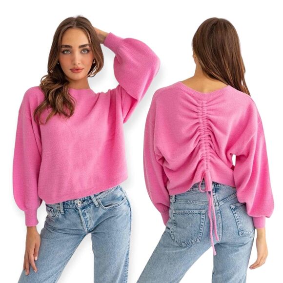 Le Lis Sweaters - Le Lis Sweater NWT Pink Fuzzy Puff Sleeve Cinched Back Size Small